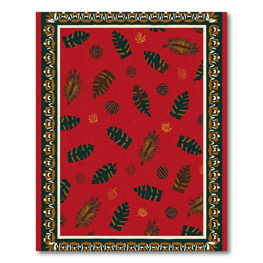 Crimson Tropical Leaf And Stripe Border Rug