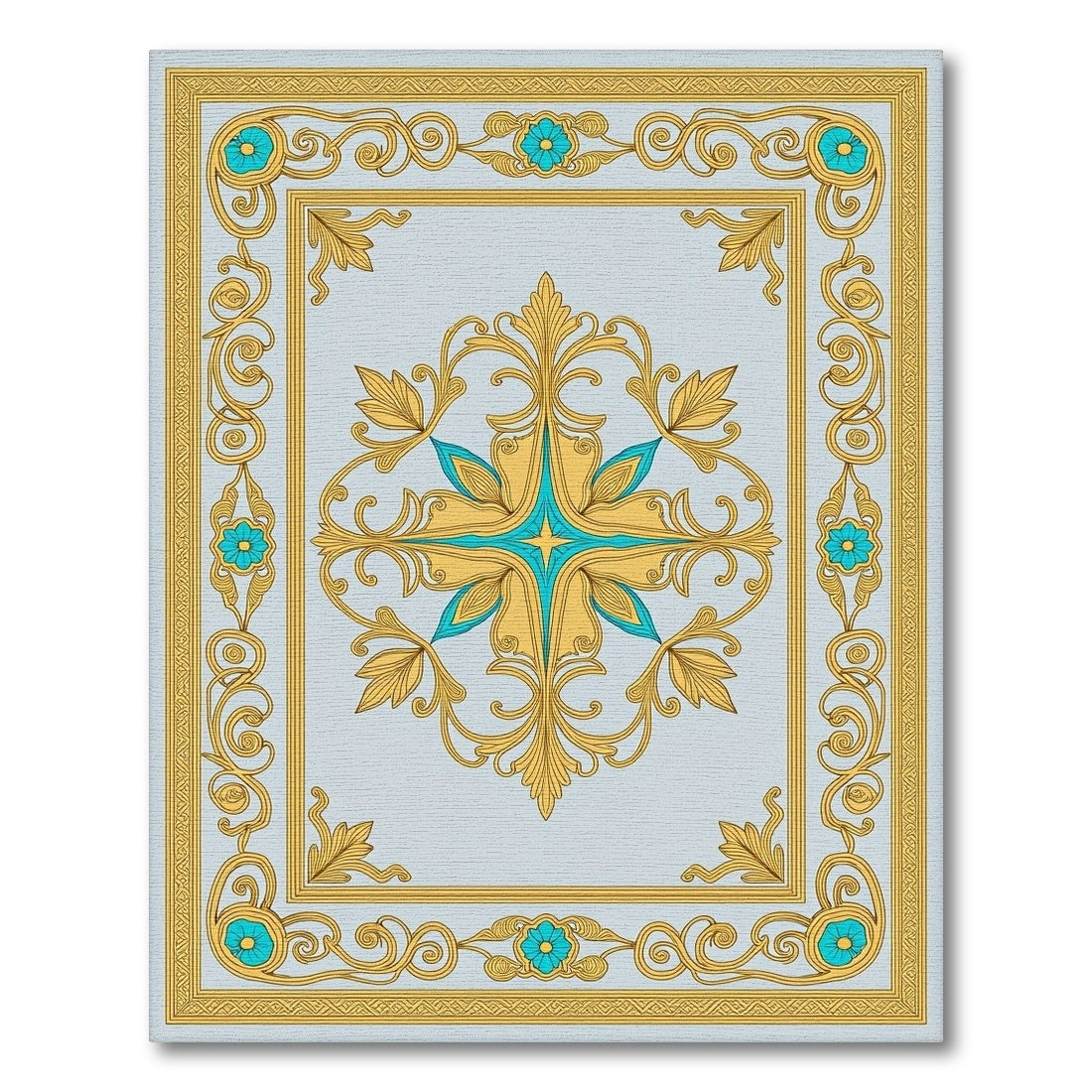 Golden Teal Floral Scrollwork Medallion Rug