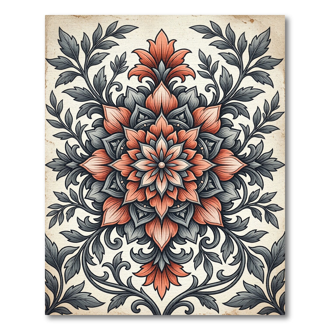 Elegant Coral and Charcoal Floral Medallion Rug