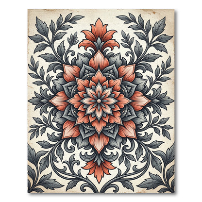 Elegant Coral and Charcoal Floral Medallion Rug