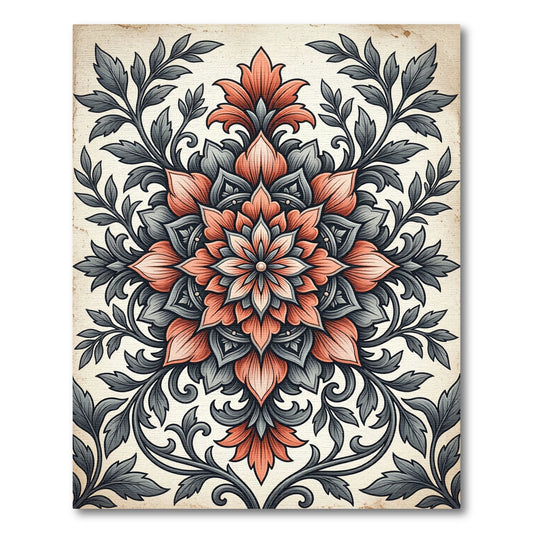 Elegant Coral and Charcoal Floral Medallion Rug