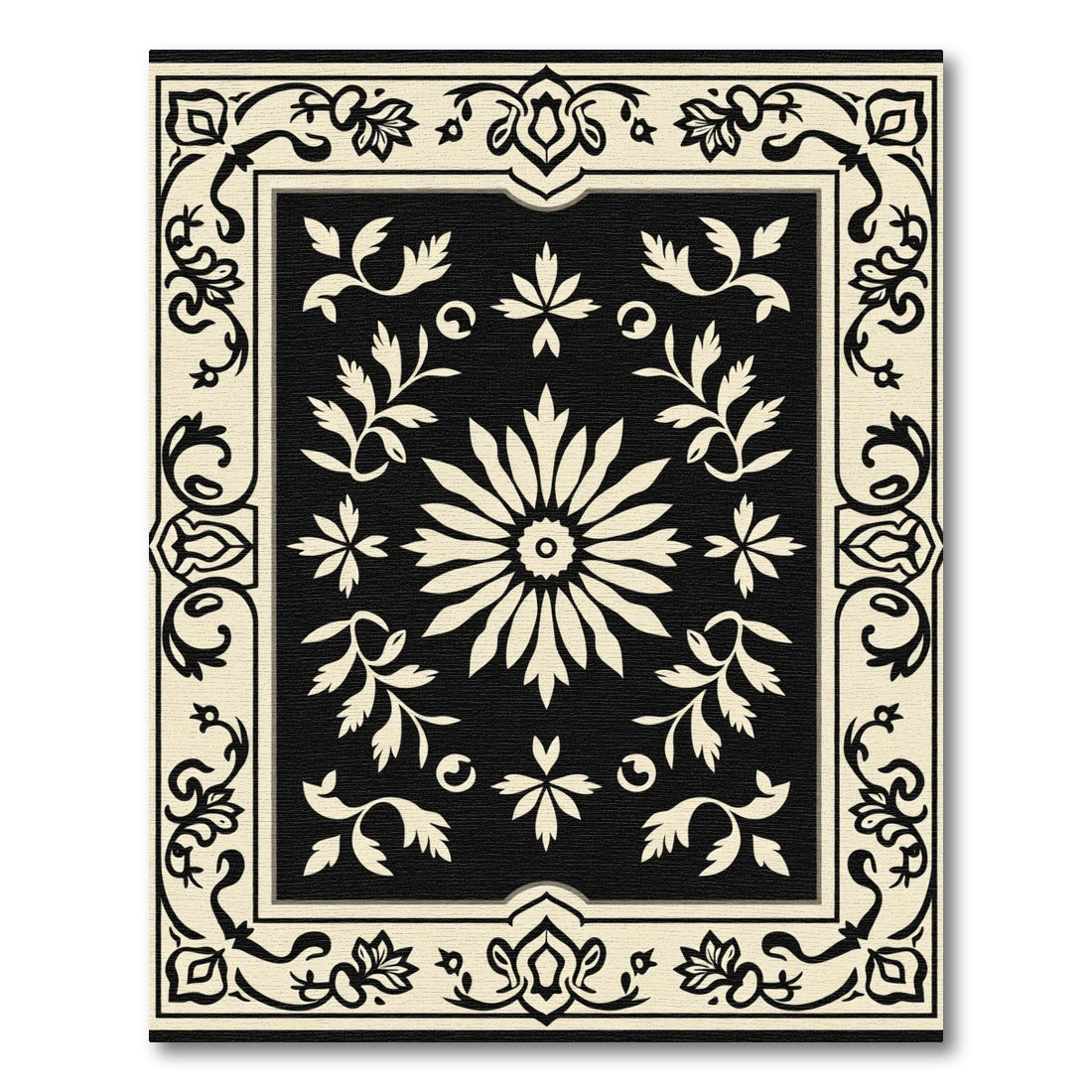 Cream Black Floral Medallion Border Rug