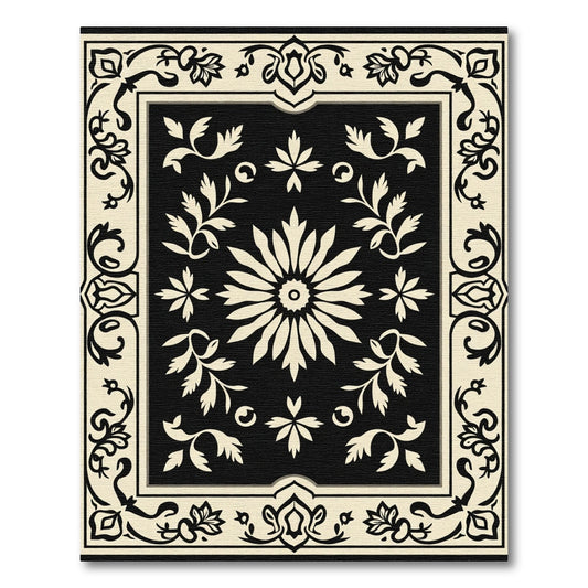 Cream Black Floral Medallion Border Rug