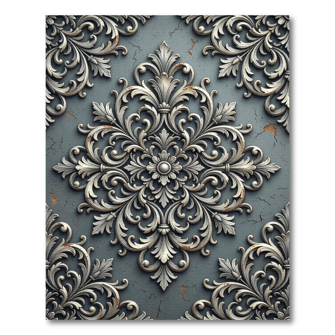 Elegant Slate Gray Baroque Ornate Medallion Rug