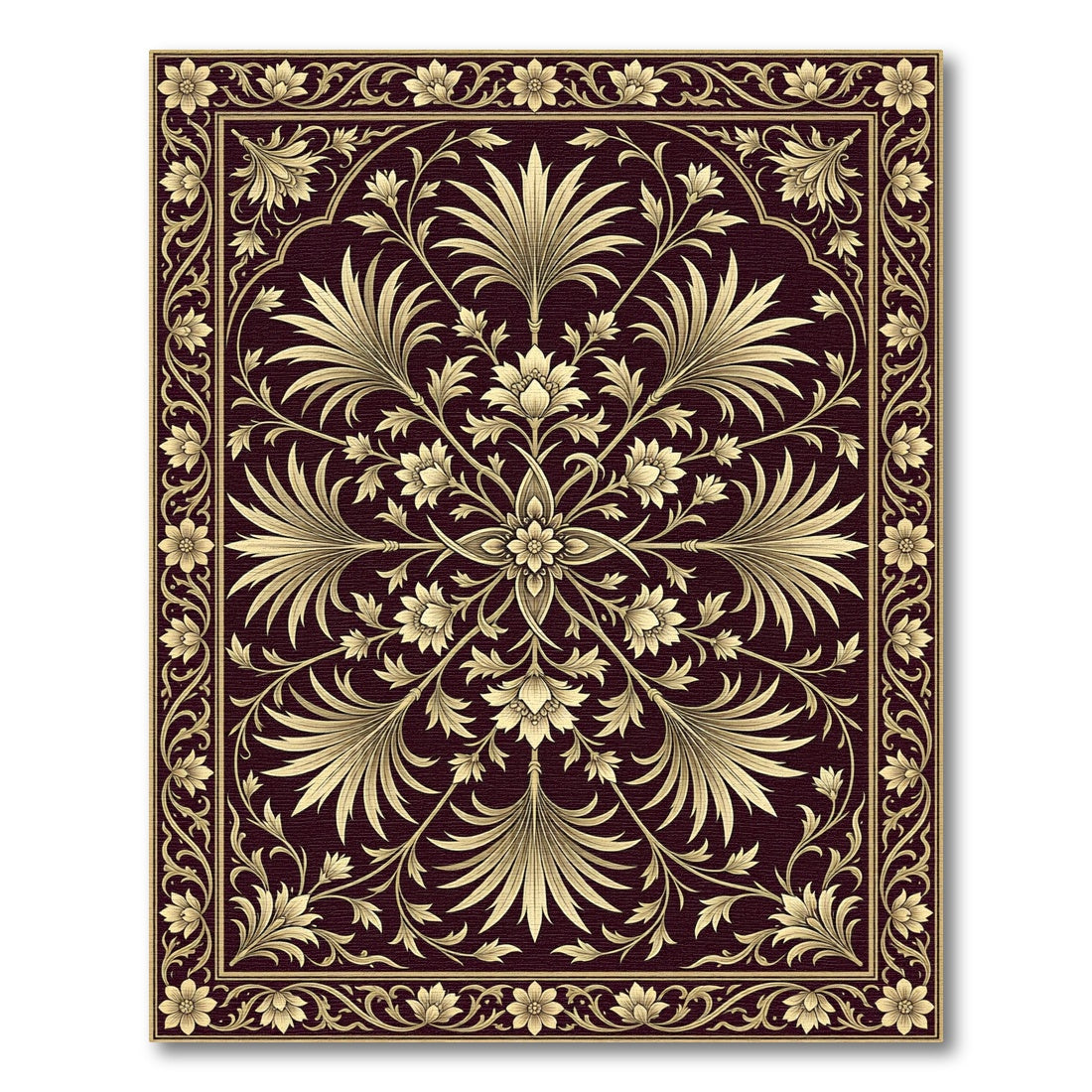 Ornate Gold Floral Symmetry on Burgundy Rug