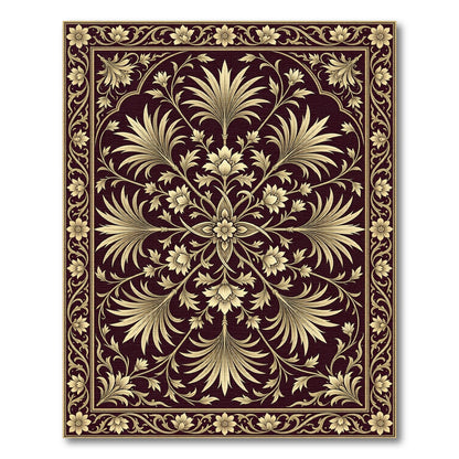 Ornate Gold Floral Symmetry on Burgundy Rug