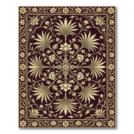 Ornate Gold Floral Symmetry on Burgundy Rug
