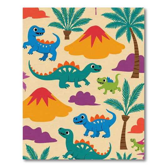 Playful Dinosaur Palm Tree Volcano Scene Rug