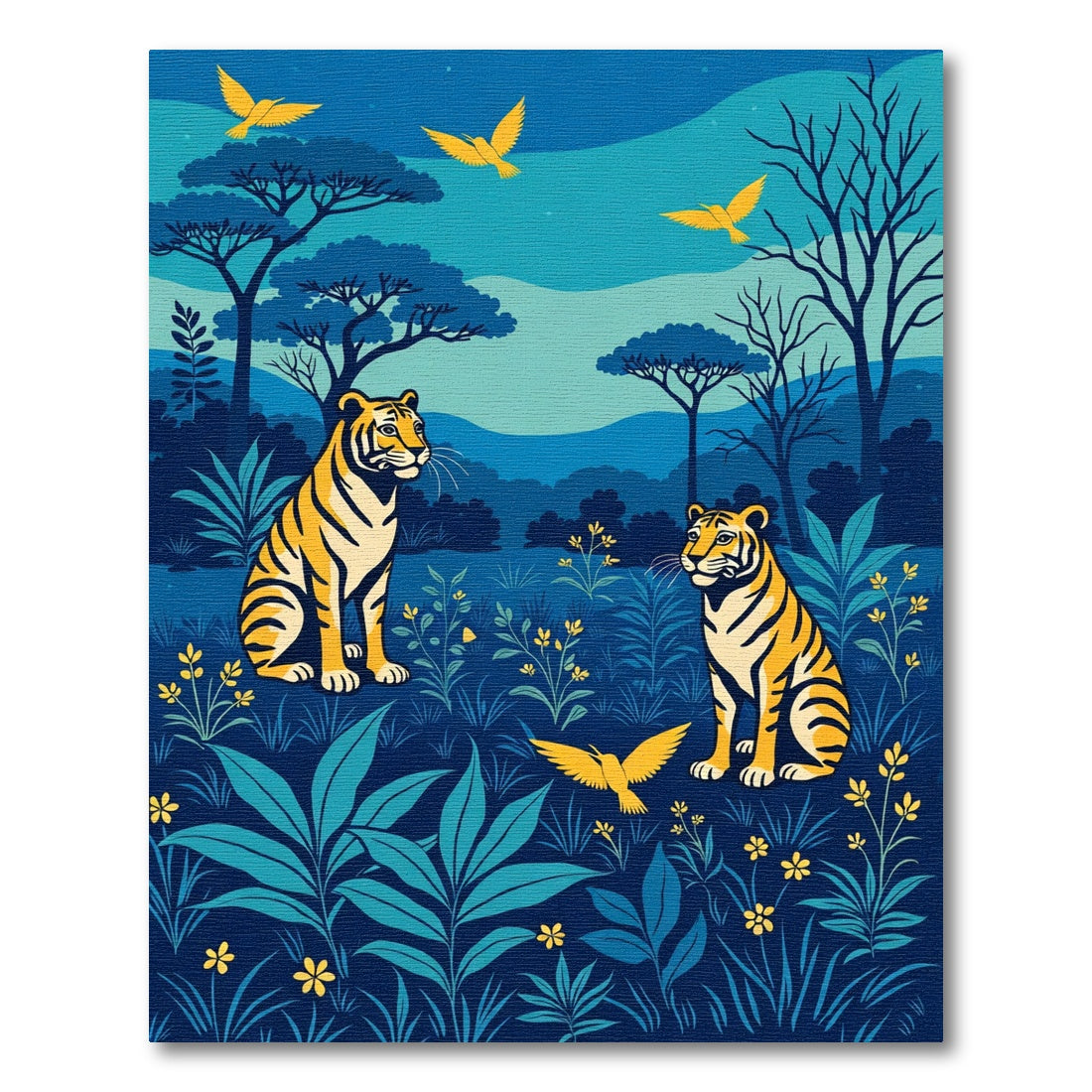 Golden Birds Tiger Jungle Scene Rug