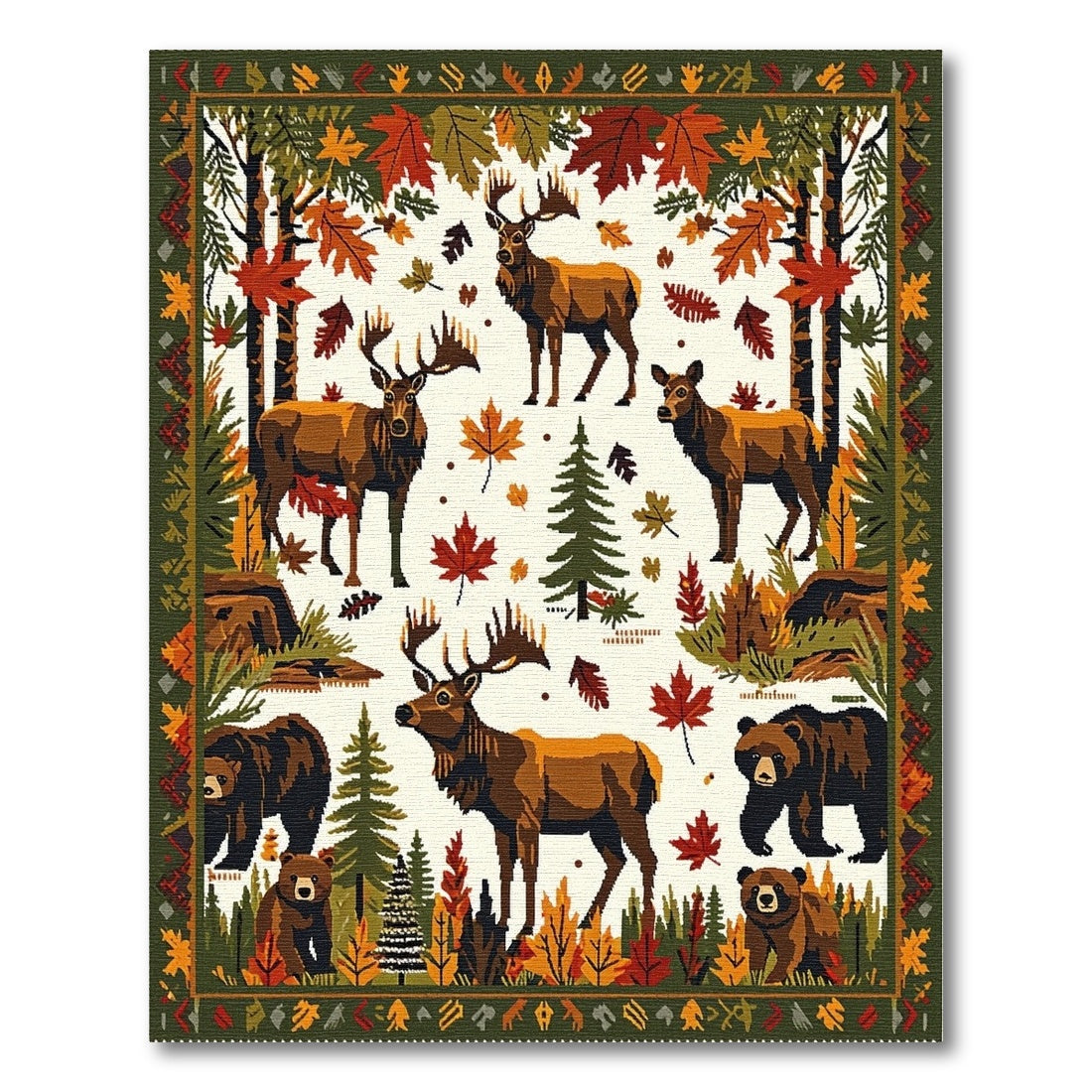 Rustic Autumn Elk Bear Forest Rug