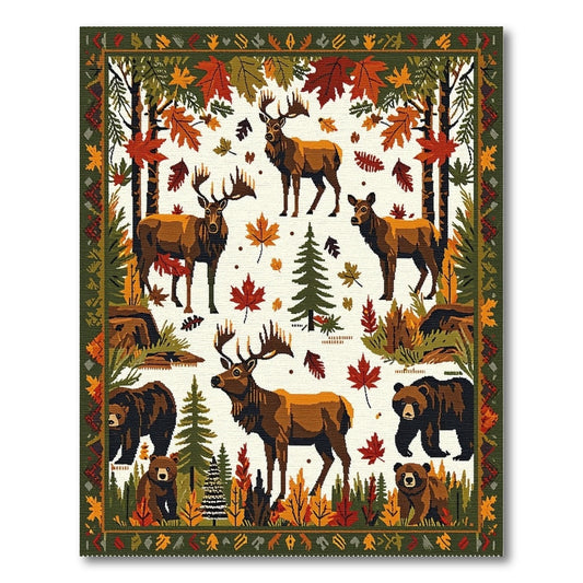 Rustic Autumn Elk Bear Forest Rug