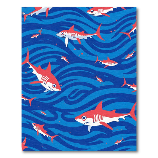 Red Sharks Amidst Blue Waves Rug