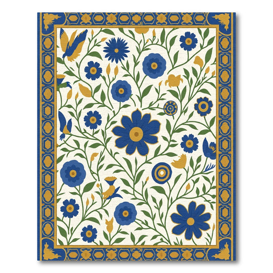 Midnight Blue Floral Bird Garden Rug