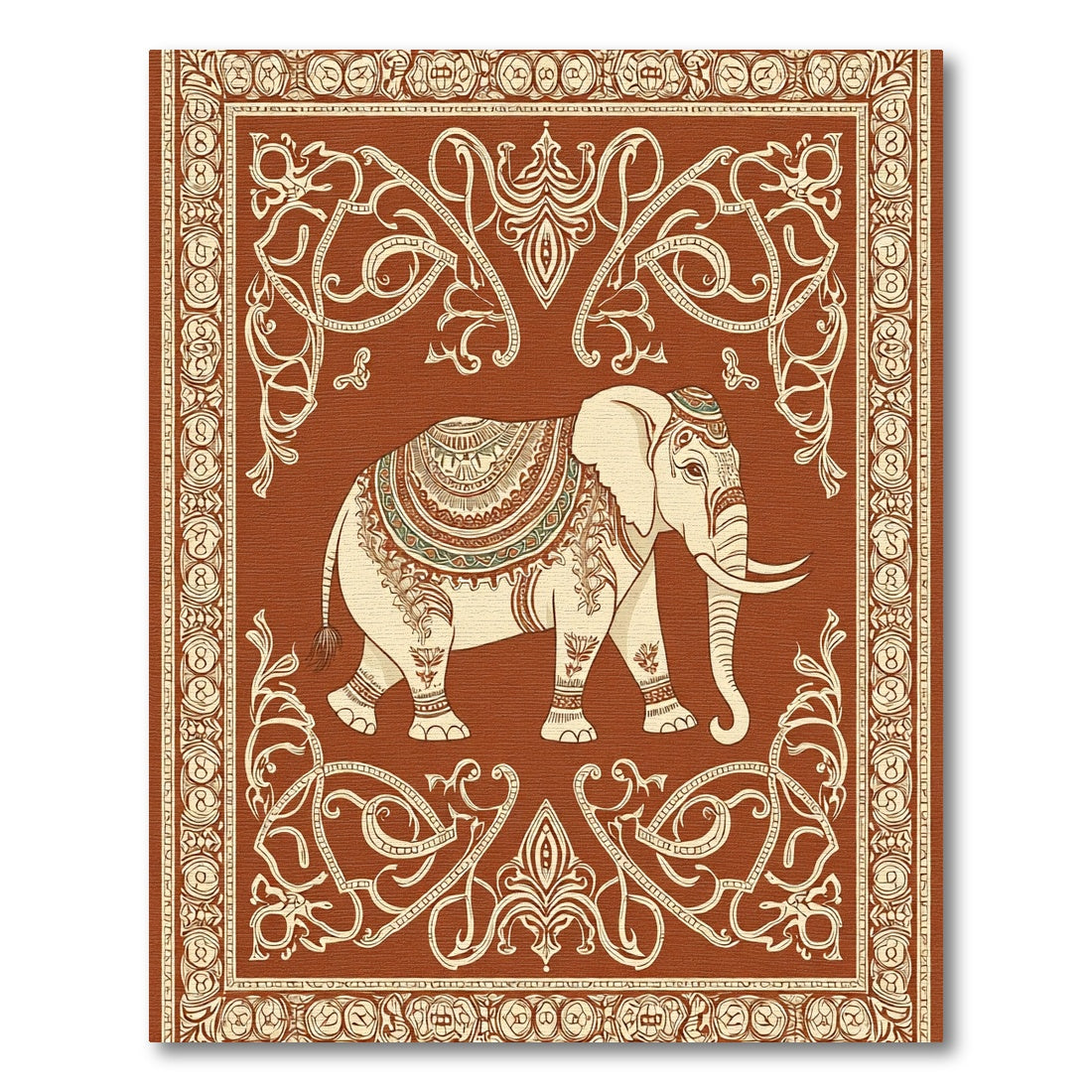 Ornate Elephant Brown Ivory Border Rug