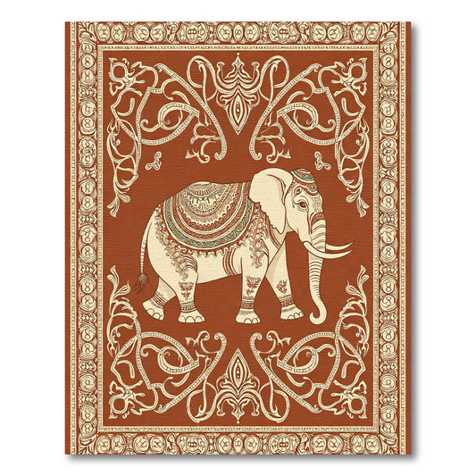 Ornate Elephant Brown Ivory Border Rug
