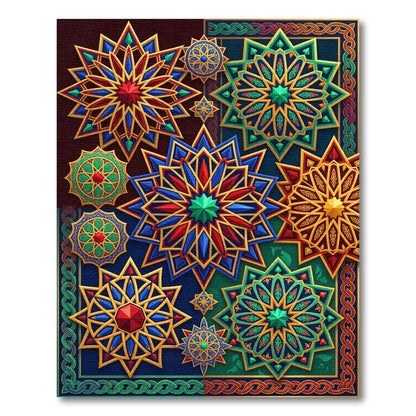Vibrant Blue Red Gold Starbursts Rug