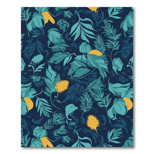 Deep Blue Teal Yellow Botanical Arrangement Rug