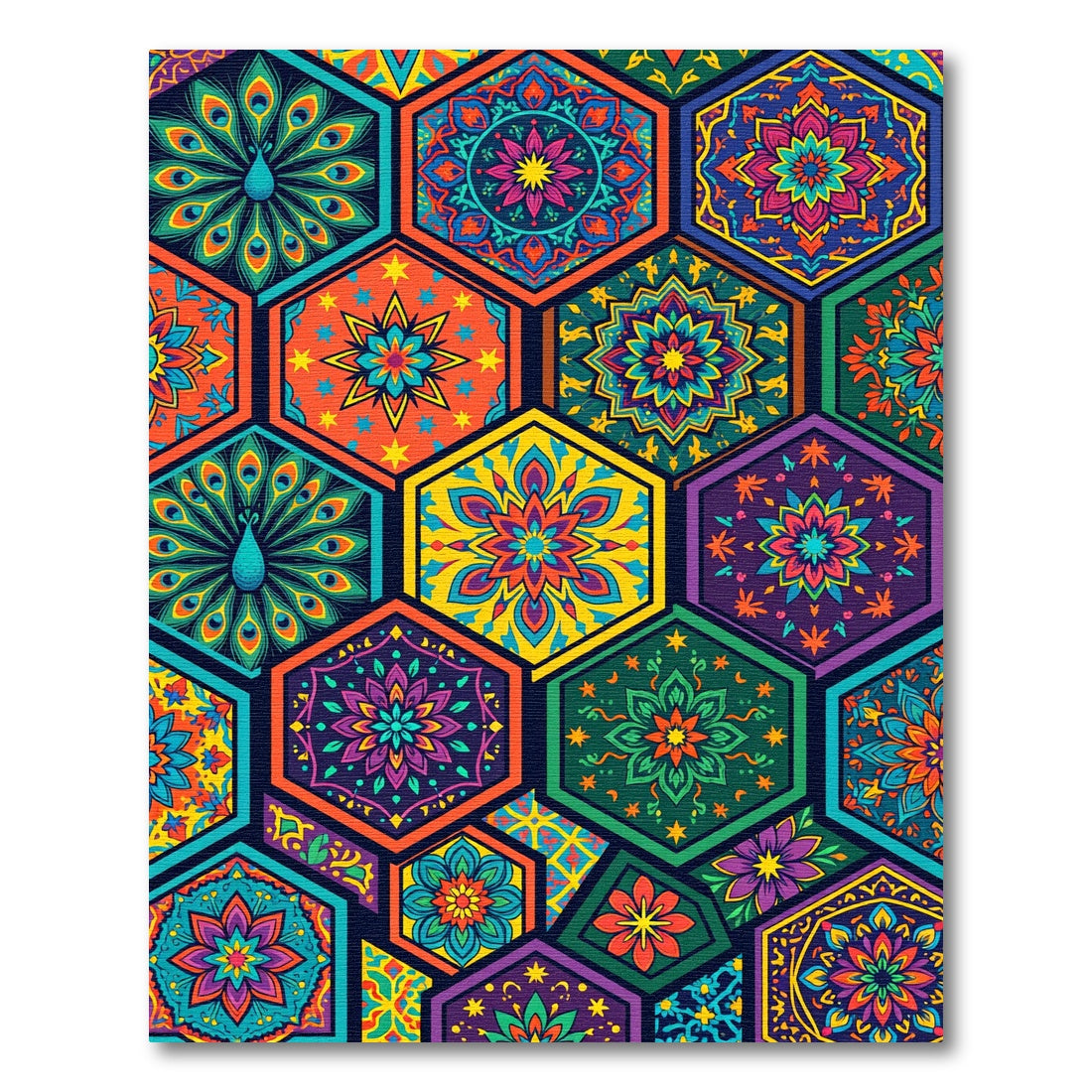 Vibrant Colorful Hexagonal Floral Mosaic Rug