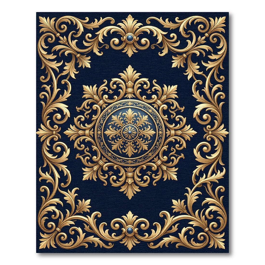 Elegant Gold Ornate Filigree Navy Medallion Rug