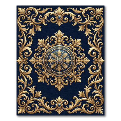 Elegant Gold Ornate Filigree Navy Medallion Rug