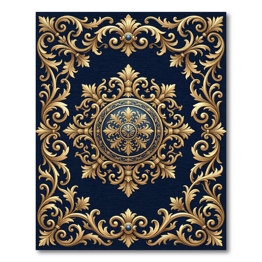 Elegant Gold Ornate Filigree Navy Medallion Rug
