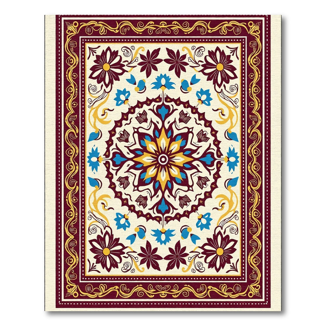 Crimson Blue Yellow Floral Medallion Rug