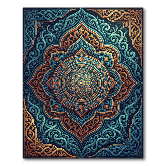 Elegant Teal and Gold Mandala Medallion Rug