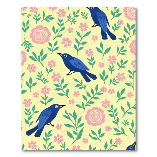 Blue Birds Pink Flowers Yellow Garden Rug