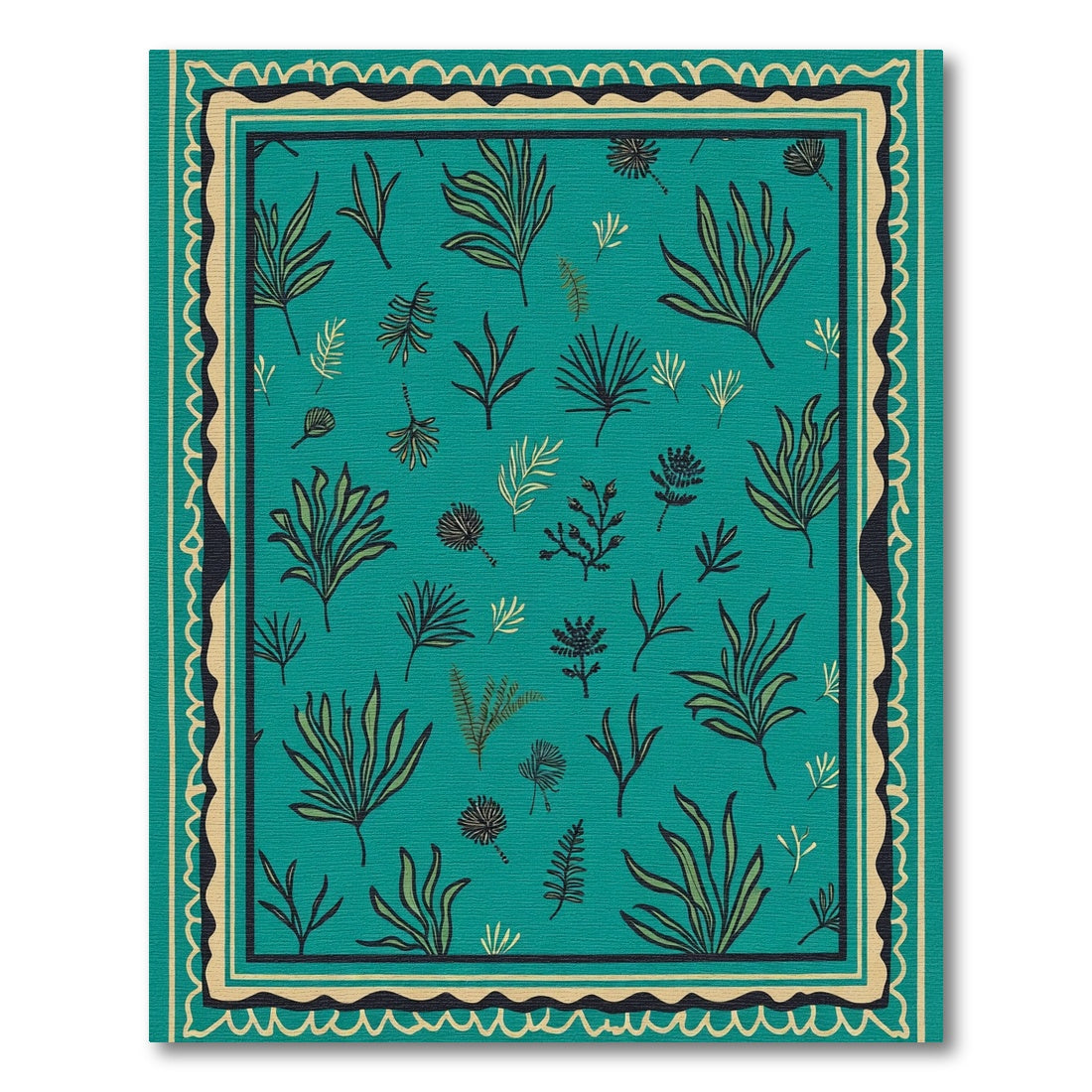 Teal Tropical Leaf Medallion Border Rug