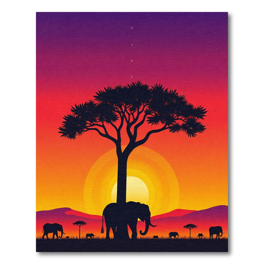 Sunset Savannah Elephant Acacia Tree Silhouette Rug