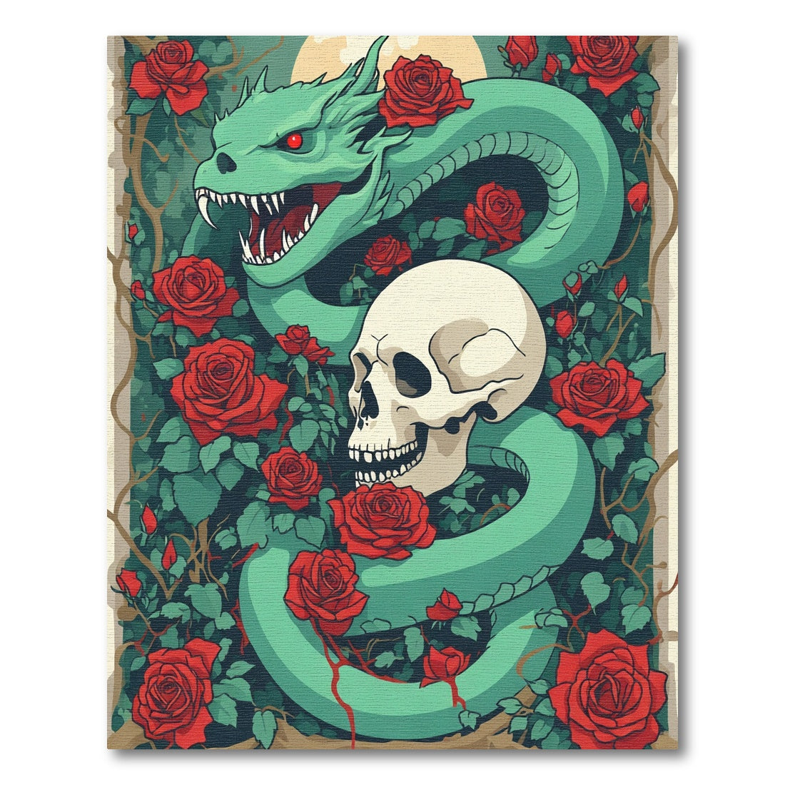 Green Dragon Skull Red Roses Garden Rug