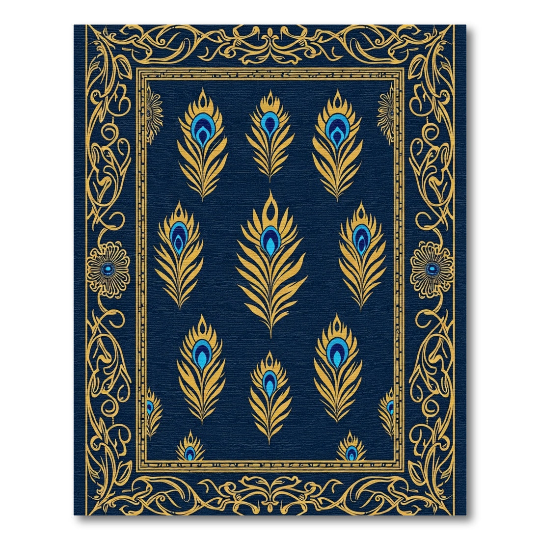 Deep Blue Golden Feather Art Nouveau Rug