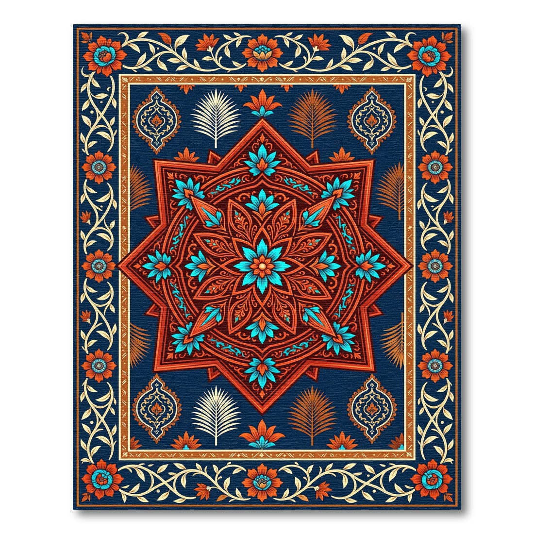Ornate Teal Orange Floral Star Rug