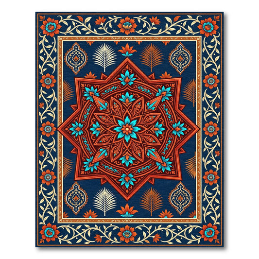 Ornate Teal Orange Floral Star Rug
