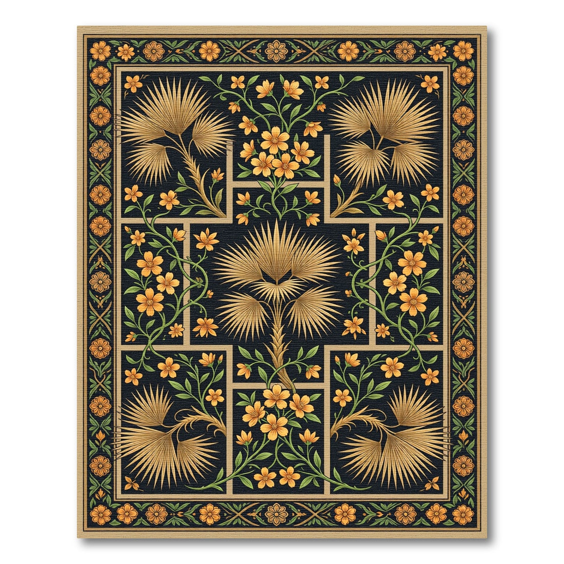 Golden Palm and Floral Botanical Rectangular Area Rug