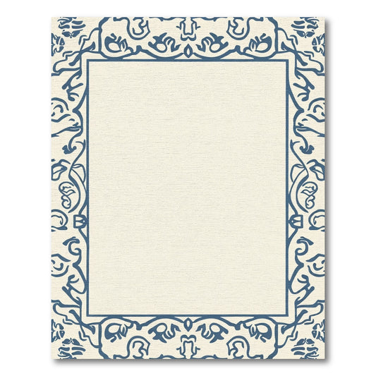 Cream And Navy Ornate Floral Frame Rug