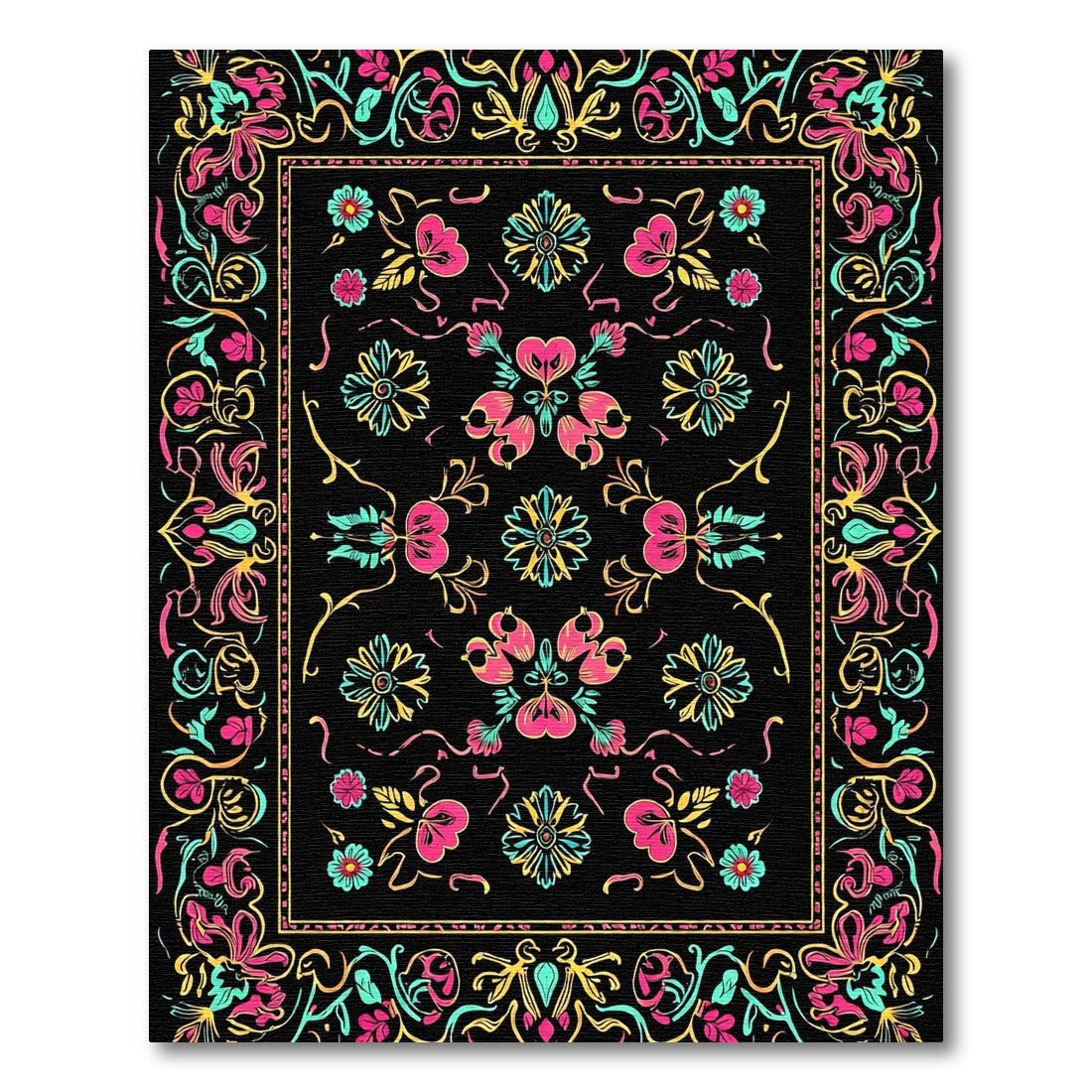 Vibrant Neon Floral Bordered Garden Rug