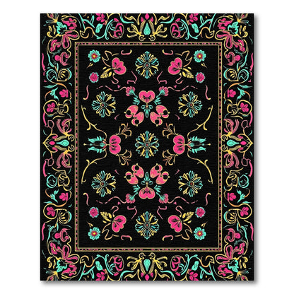 Vibrant Neon Floral Bordered Garden Rug