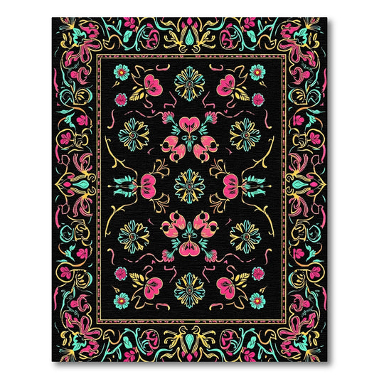 Vibrant Neon Floral Bordered Garden Rug