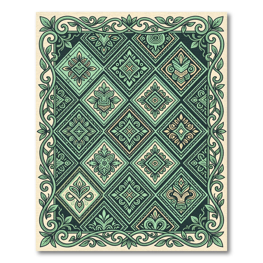 Emerald Verdant Geometric Foliage Tile Rug