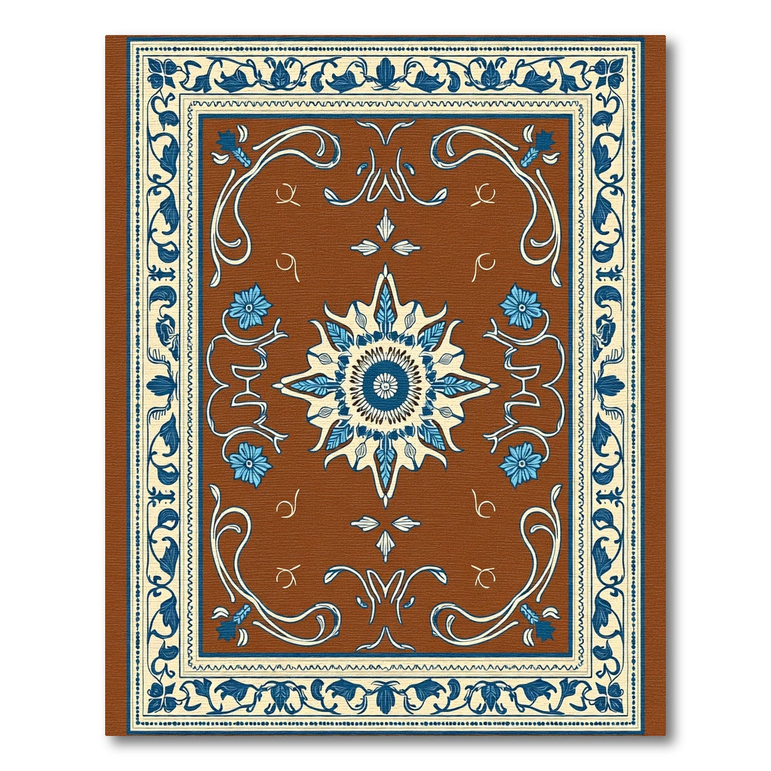 Brown Deep Blue Floral Medallion Border Rug