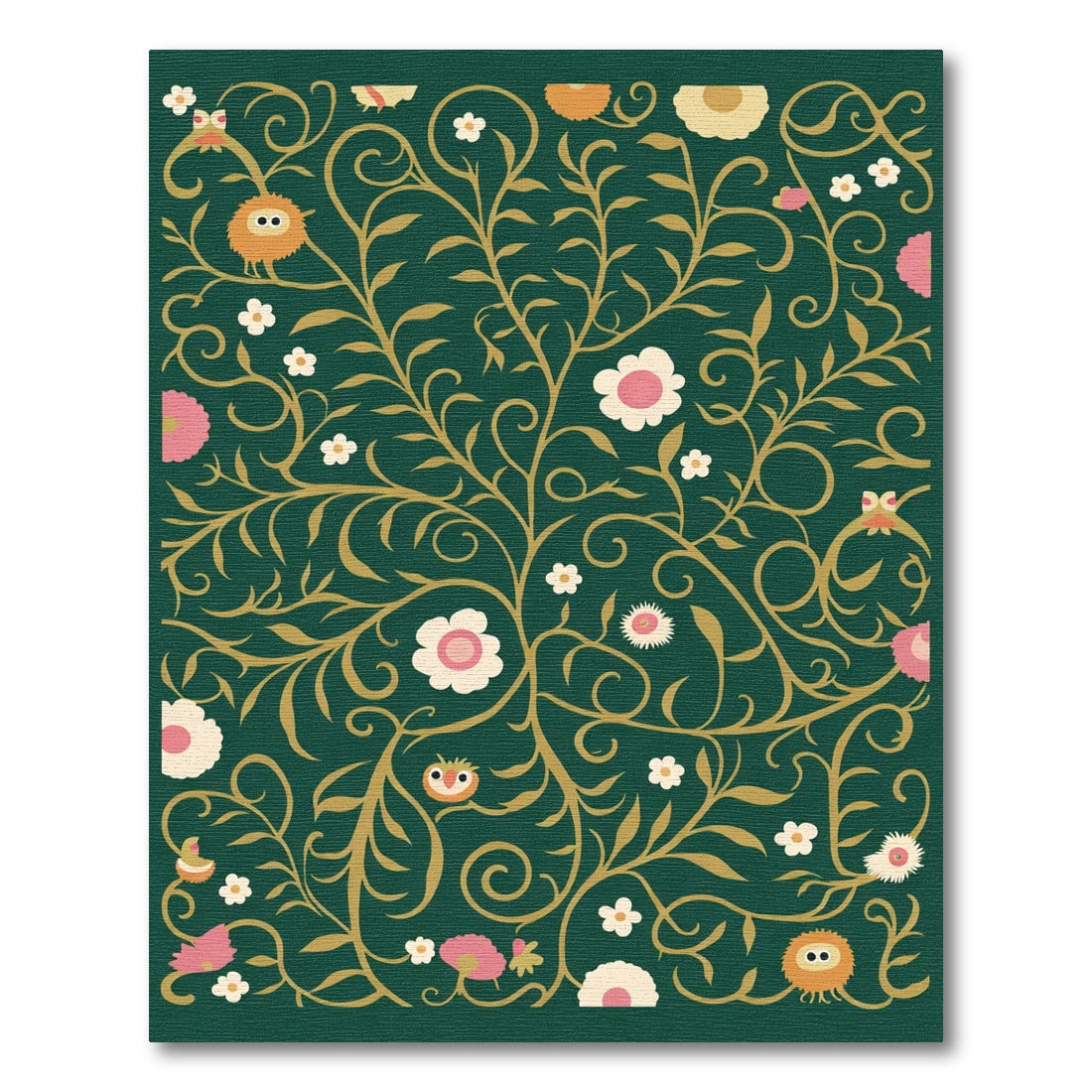 Whimsical Green Gold Floral Creature Rug