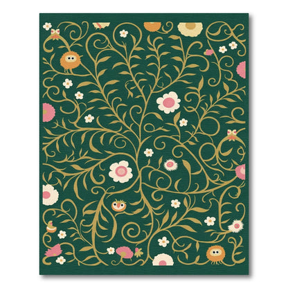 Whimsical Green Gold Floral Creature Rug