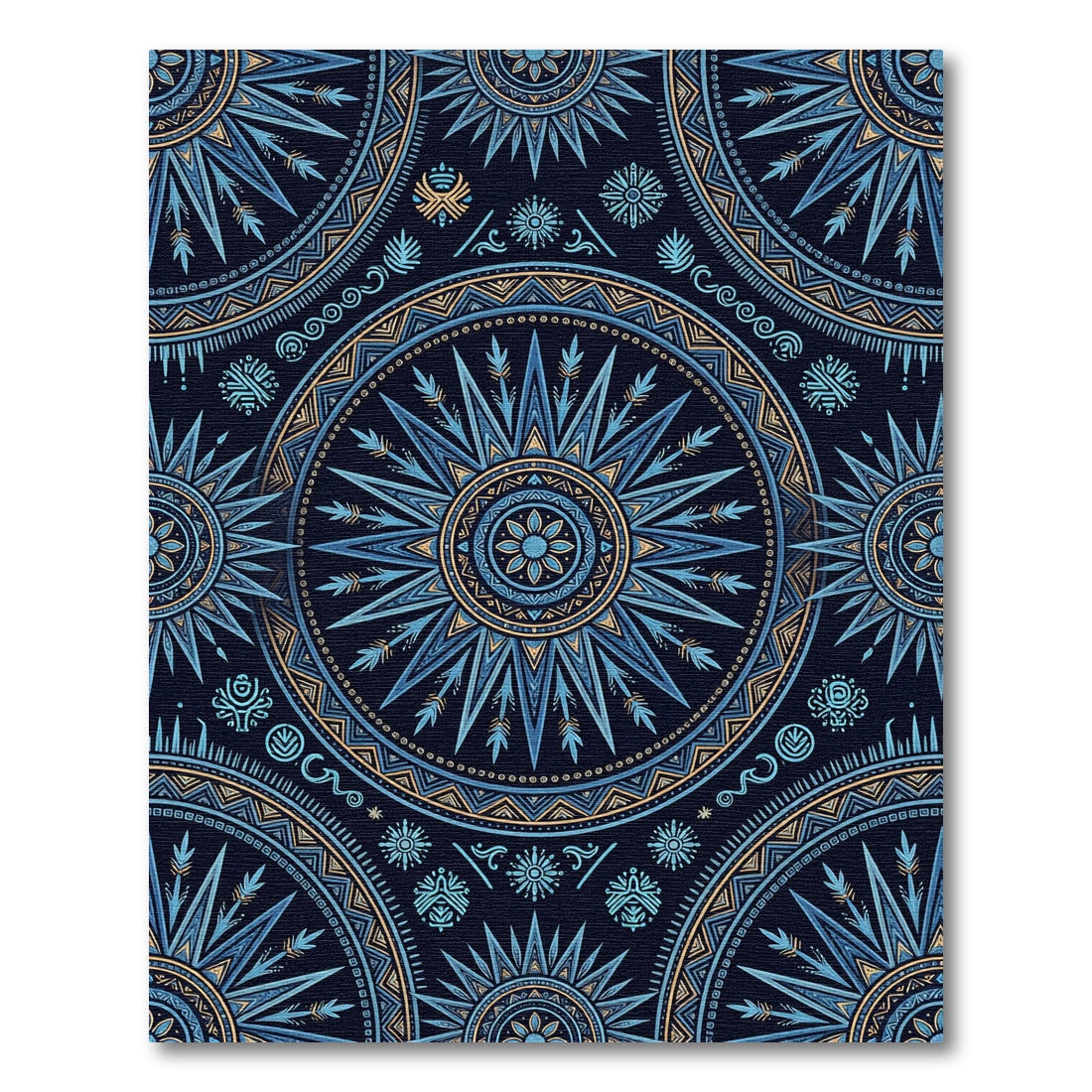 Deep Blue Golden Sunburst Mandala Rug