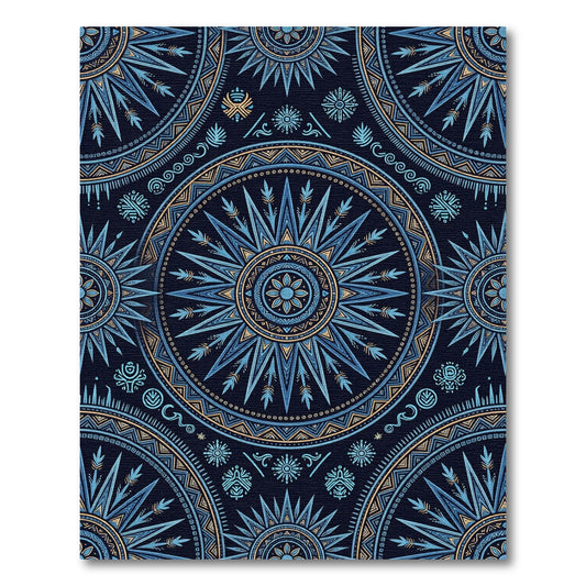 Deep Blue Golden Sunburst Mandala Rug