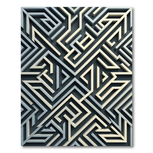 Geometric Ivory and Slate Labyrinth Abstract Rug
