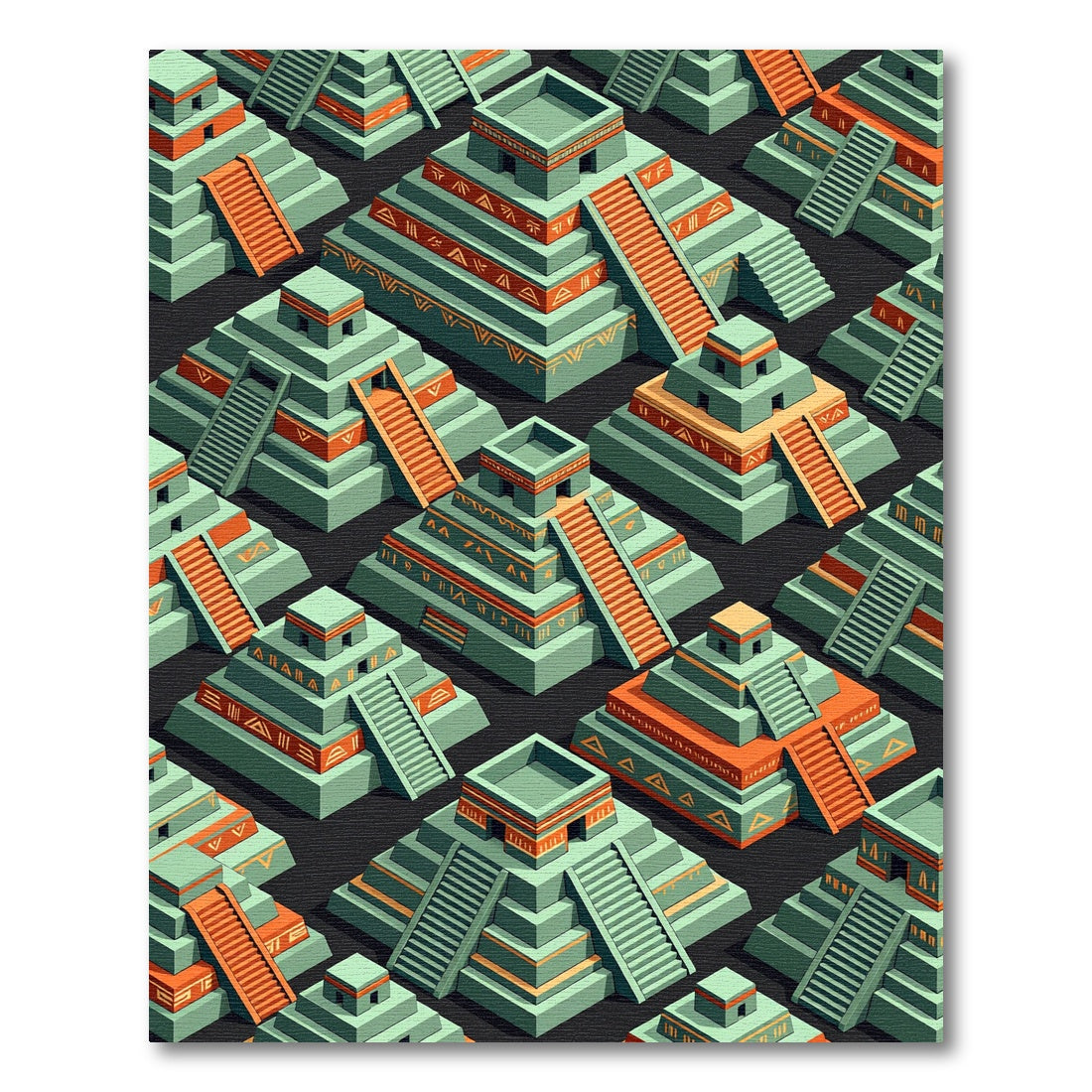 Green Orange stepped temple tessellation Rug