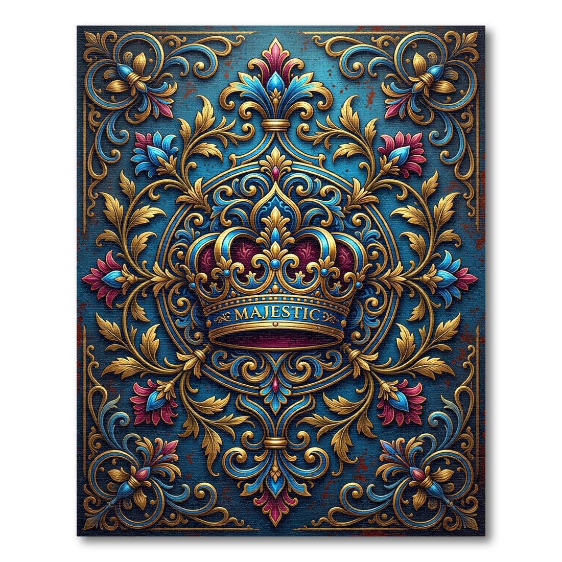 Majestic Royal Blue Gold Crown Medallion Rug