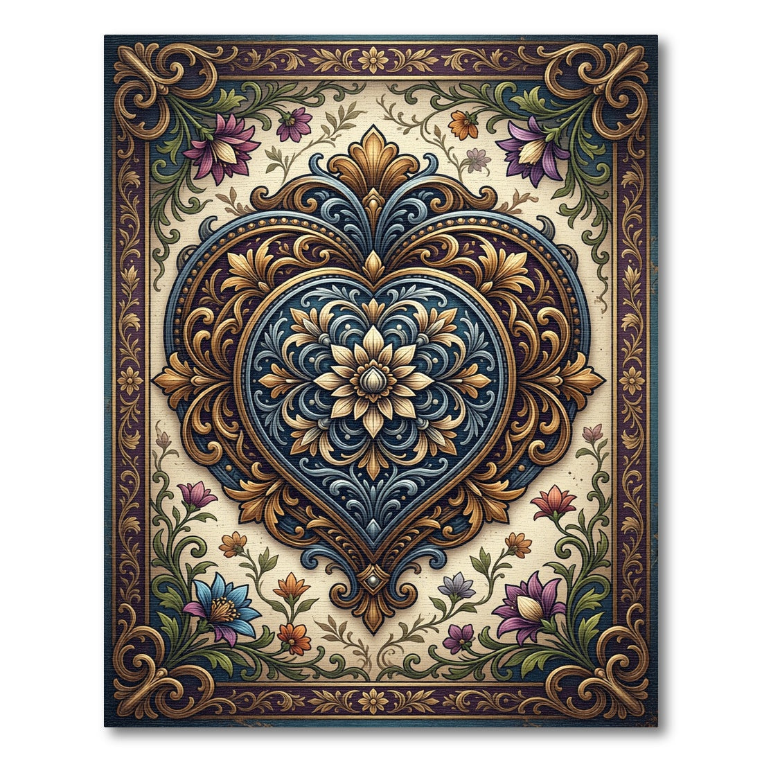 Ornate Sapphire Gold Heart Floral Medallion Rug