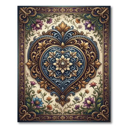 Ornate Sapphire Gold Heart Floral Medallion Rug